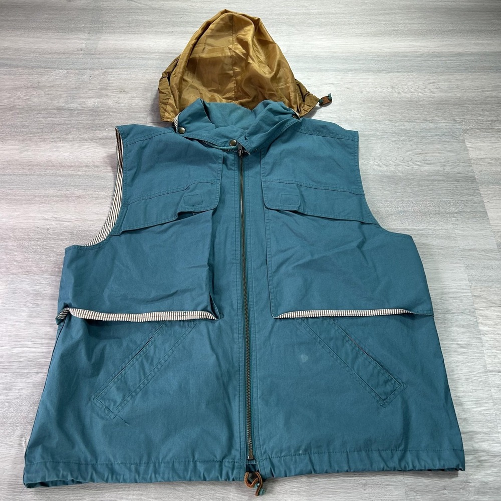 Eddie Bauer Vest Mens Large Blue Canvas Full Zip Hooded Outdoor Hiking Travel
